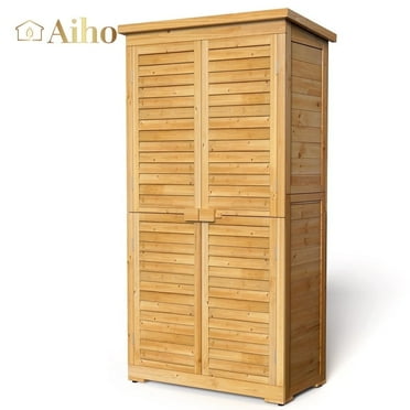 63.2" Outdoor Storage Cabinet with Adjustable Shelves, Aiho Wooden Outdoor Storage Shed with Lockable Double Doors for Backyard, Garden & Patio - Natural