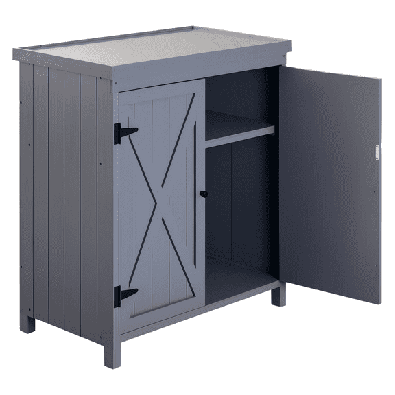 Outdoor Storage Cabinet - Garden Tool Shed - Galvanized Top - 2 Shelves - Yard & Pool Accessories - Gray