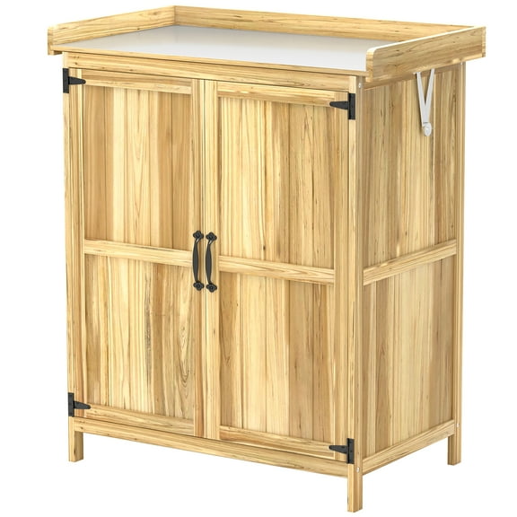 Outdoor Storage Cabinet, Garden Tool Shed with Metal Tabletop, Shelf, Wooden Potting Bench with 2 Doors, Natural Wood