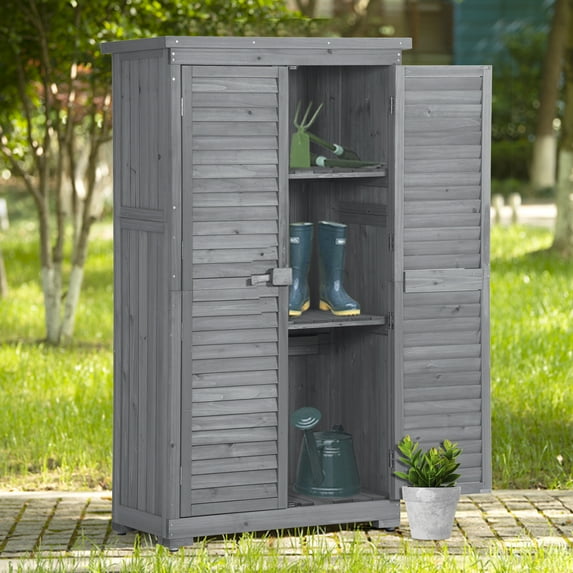 Outdoor Storage Cabinet, Garden Wood Storage Shed, Outside Vertical Shed with Lockers and 3-Tier Shelves, 63 inch Tall Tool Shed for Patio, Backyard, Balcony, Gray, D6983
