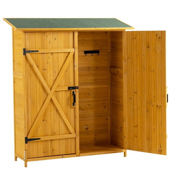 Outdoor Storage Cabinet with Lockable Door, Pitch Roof Wooden Tool Storage Shed with Detachable Shelves, Vertical Organizer Cabinet with waterproof Roof for Lawn, Backyard