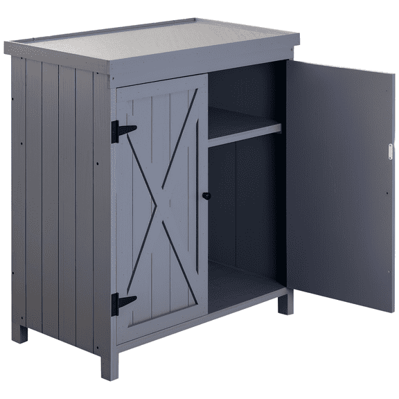 Outdoor Storage Cabinet, Outdoor Tool Shed with Galvanized Top and Two Shelves for Yard Tools or Pool Accessories, Gray