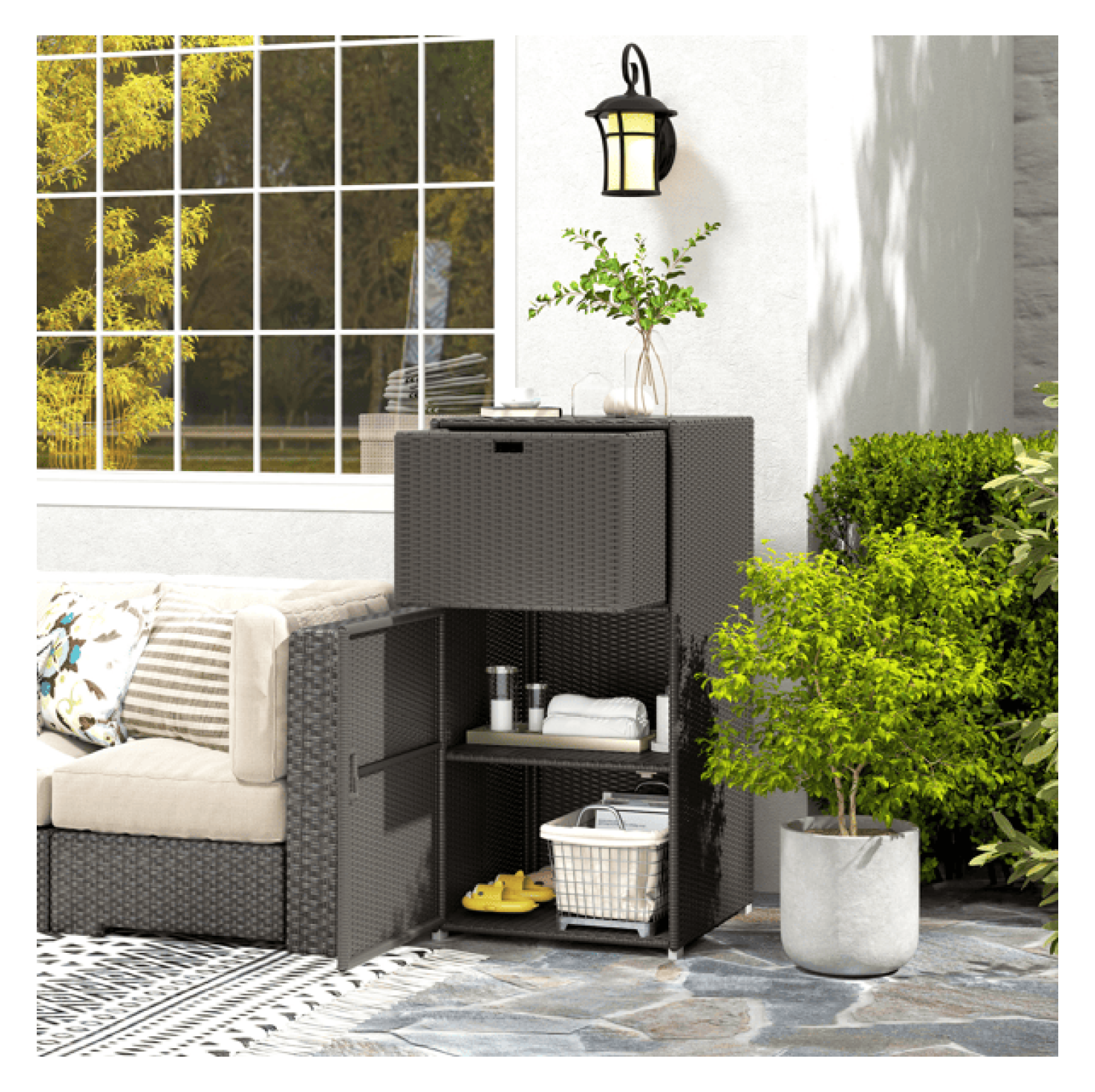 Outdoor Storage Cabinet, PE Rattan Locker with Drawer & Shelves ...
