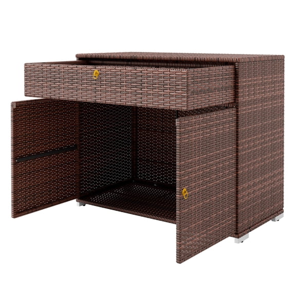 Outdoor Storage Cabinet, PE Rattan Waterproof Cabinet with Drawer, Poolside Towel Storage, Patio Deck Organizer, Mixed Brown