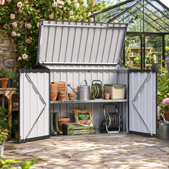 Outdoor Storage Cabinet with Shelf, 20 Cu.Ft Metal Storage Shed, All-Weather Tool Storage Box with Hydraulic Lid, Lockable Doors for Patio Garden Garage, Black 4x2FT