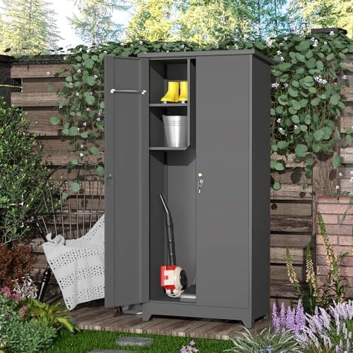 Outdoor Storage Cabinet,Vertical Tall Garden Storage Cabinet Waterproof with Shelves for Outside in Dark Grey$$Tools