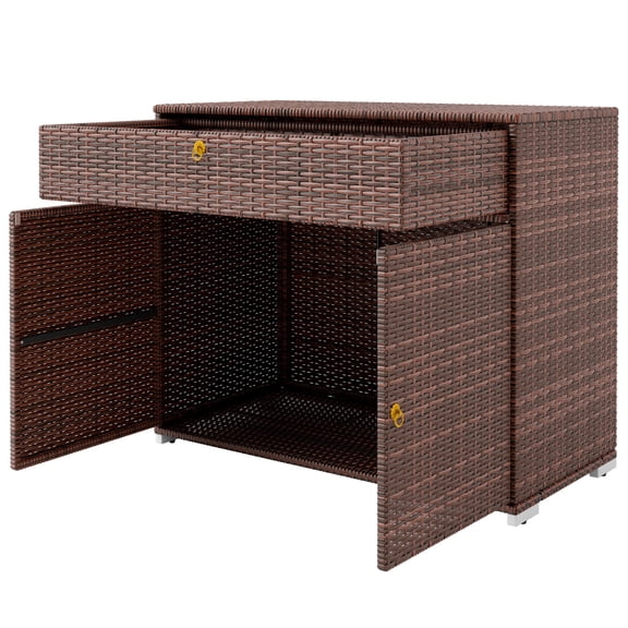 Outdoor Storage Cabinet, Waterproof PE Rattan Cabinet with Drawer for Indoor, Outdoor Swimming Pool, Mixed Brown
