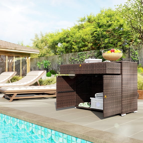 Outdoor Storage Cabinet, Waterproof PE Rattan Cabinet with Drawer for Indoor, Outdoor Swimming Pool, Mixed Brown