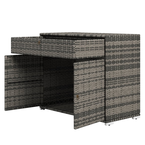 Outdoor Storage Cabinet Waterproof PE Rattan, Pool Towel Cabinet with Drawer, Patio Deck Storage, Gray