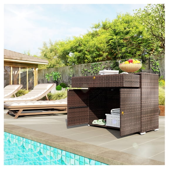 Outdoor Storage Cabinet Waterproof PE Rattan, Pool Towel Cabinet with Drawer, Patio Deck Storage, Mixed Brown
