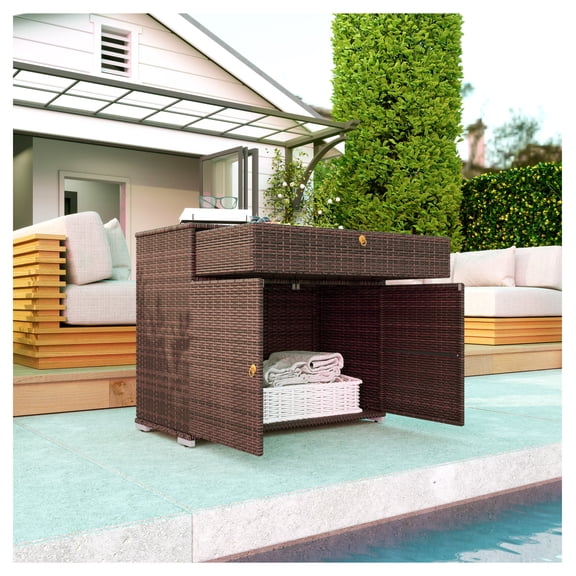 Outdoor Storage Cabinet Waterproof PE Rattan, Pool Towel Cabinet with Drawer, Patio Deck Storage