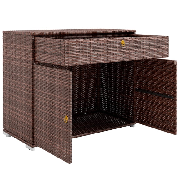 Outdoor Storage Cabinet Waterproof PE Rattan - Pool Towel Rack with Drawer - Patio Deck Storage - Mixed Brown
