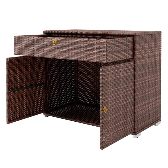 Outdoor Storage Cabinet Waterproof PE Rattan - Pool Towel Storage - Backyard Deck Organizer with Drawer & Cabinet - Mixed Brown