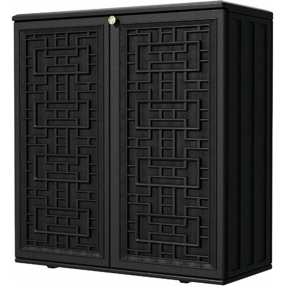 Outdoor Storage Cabinet Waterproof with Shelf,Resin Storage Sheds Outdoor Cabinets for tub towels/chemicals/grill items/Patio/Garden/Backyard, Size 34.3''L*15''W*36.2''HBlack