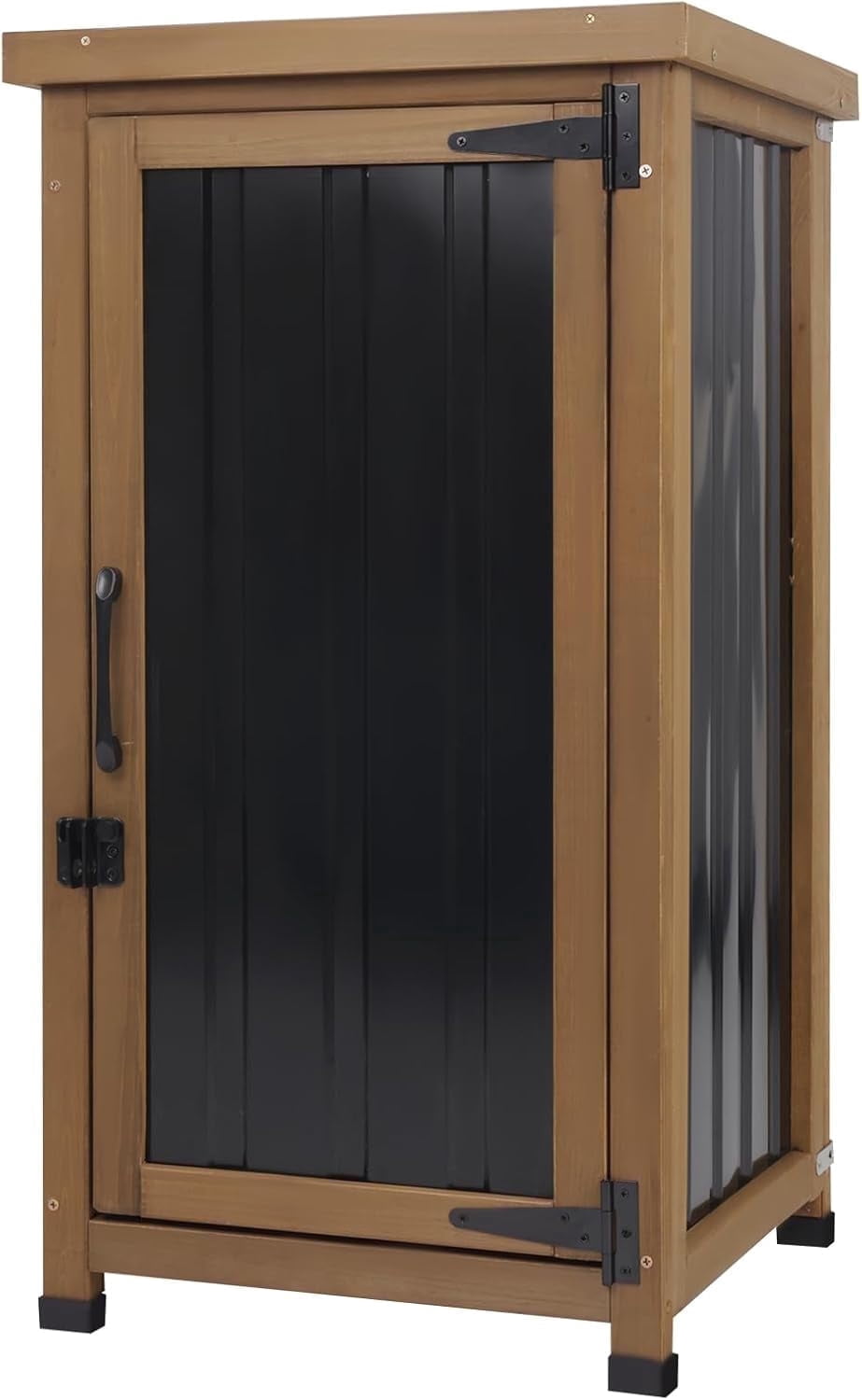 Outdoor Storage Cabinet Waterproof with Metal Top, Wooden Table Tool Organizer with Adjustable Shelf for Patio Backyard Garden