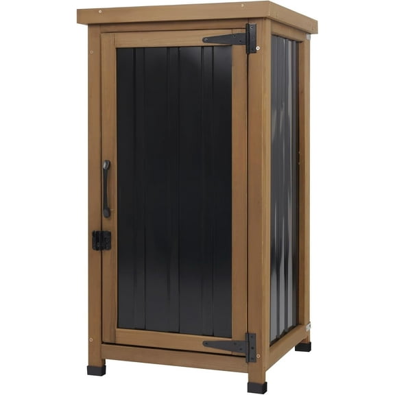 Outdoor Storage Cabinet Waterproof with Metal Top, Wooden Table Tool Organizer with Adjustable Shelf for Patio Backyard Garden