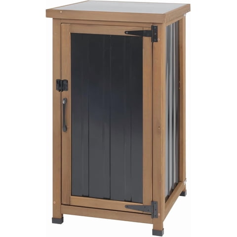 PETSCOSSET Outdoor Storage Cabinet Wooden Tool Organizer with Adjustable Shelf & Metal Top