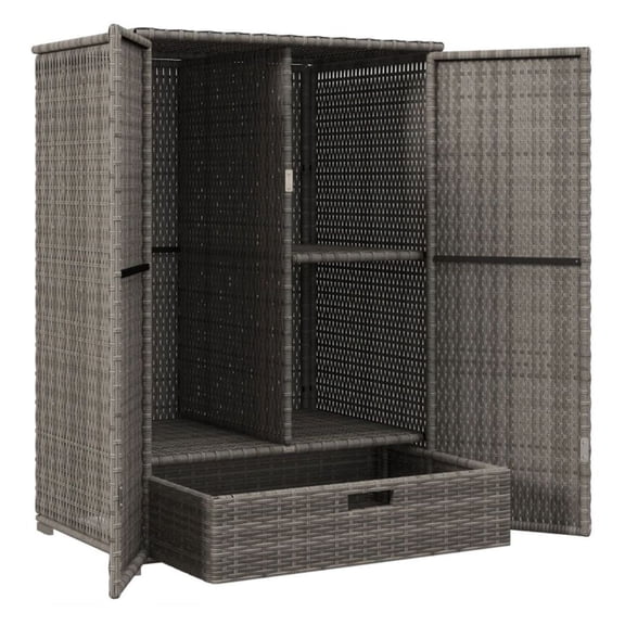 Outdoor Storage Cabinet - Weatherproof Patio Deck Cabinet with Drawer & Doors - Dark Gray PE Rattan Garden Shed Organizer for Pool, Backyard