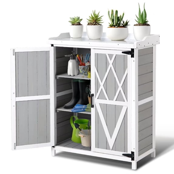 Outdoor Storage Cabinet Weatherproof, Storage Deck Box Cabinet with Adjustable Shelf, Doors and Metal Tabletop, Potting Bench, for Garden, Garage, Lawn