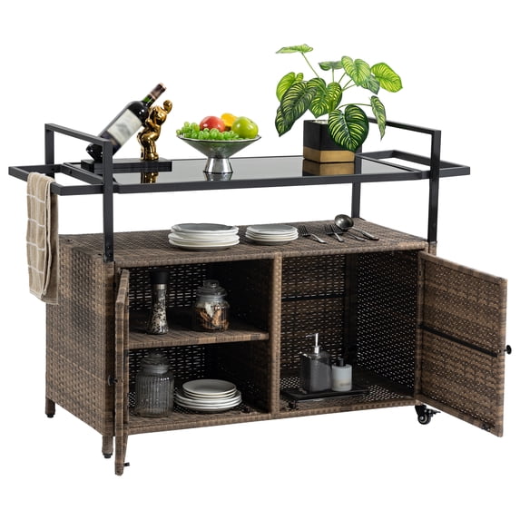 Outdoor Storage Cabinet With Wheels,outdoor Wicker Bar Cart With 2 Open Shelves&2 Doors(3-tier Shelves Inside),outdoor Buffet Table Which Top Is Made Galss.Weatherproof Steel Frame Storage.