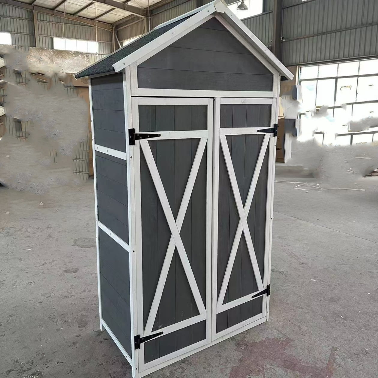 Gray and White Wooden Outdoor Storage Shed with Waterproof Roof