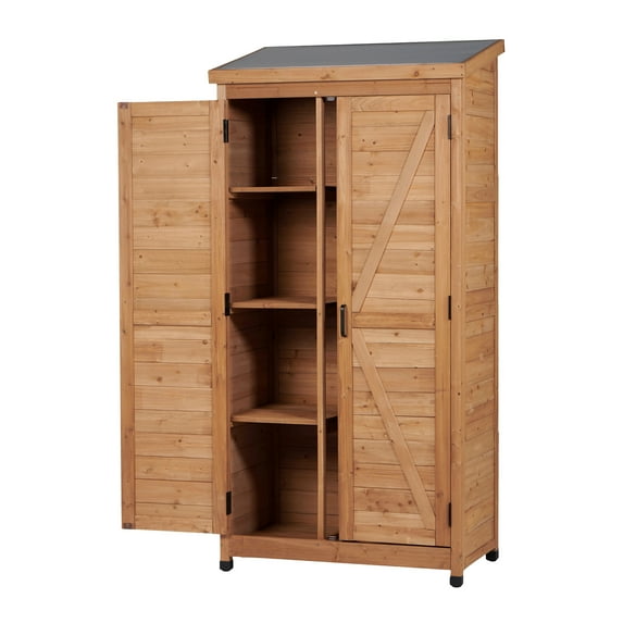 Outdoor Storage Cabinet, Wood Garden Tool Shed with Metal Frame, Tool Shed with Adjustable Shelves, Storage Tool Cabinet for Backyard Garden Patio Lawn