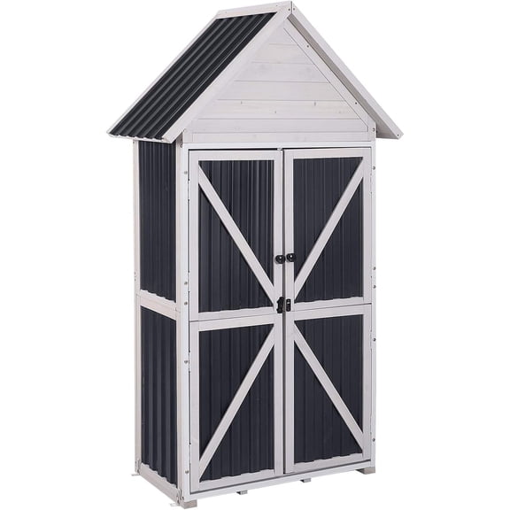Outdoor Storage Cabinet with Wood & Metal Frame, Waterproof Roof, Adjustable Shelves, Raised Base  Weather-Resistant Garden Shed for Backyard, Patio & Lawn