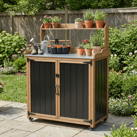2-in-1 Outdoor Storage Cabinet & Potting Bench, Heavy Duty Metal Top Utility Station for Garden Tools, Easy Assembly
