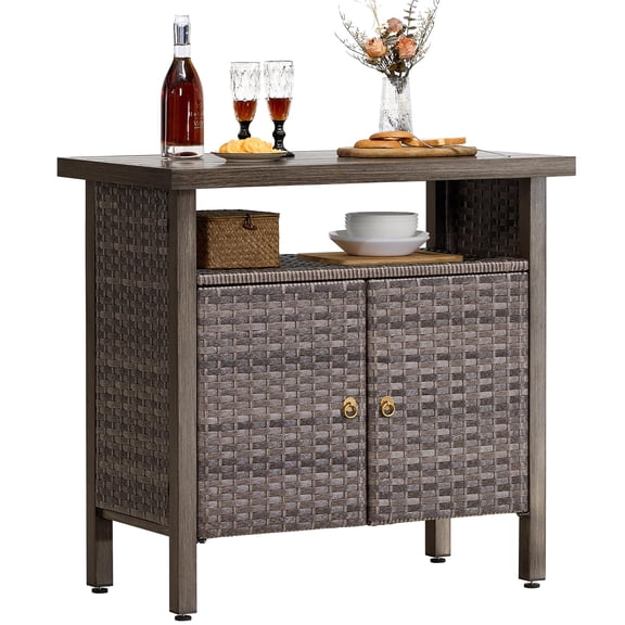 Outdoor Storage Cabinet, Woven Rattan Bar Table with 2 Doors, Slatted Top, Wicker Console Table for Patio, Garden, Backyard, Kitchen