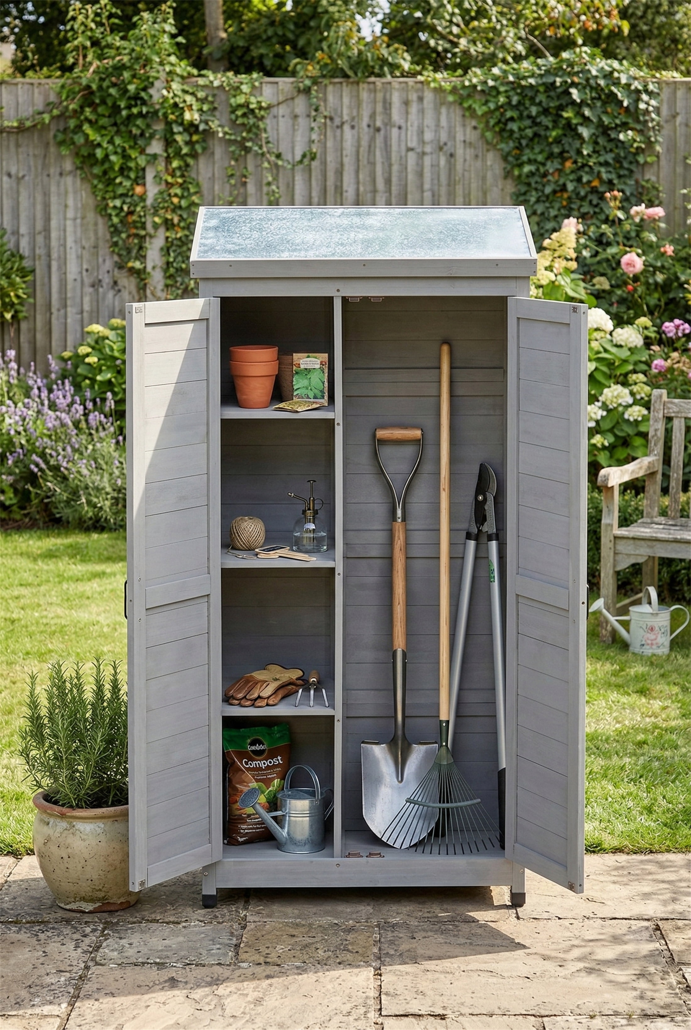 Outdoor Storage Cabinet and Metal Top, Garden Storage Shed Outdoor 68 Inches Wood Tall Shed for Yard, Gray