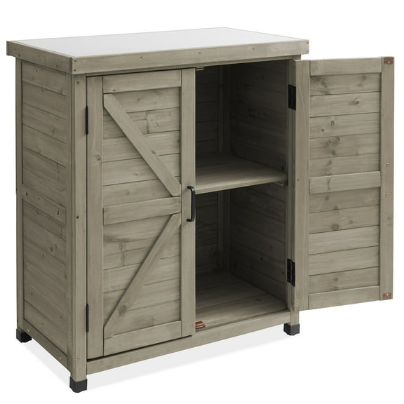 Outdoor Storage Cabinet and Potting Bench with Metal Tabletop and Storage Cabinet - Wooden Outdoor Garden Patio Workstation Table, Gray