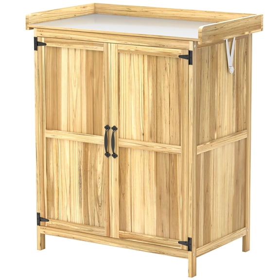 Outdoor Storage Cabinet with Metal Tabletop, Garden Tool Shed and Wooden Potting Bench, 2-Door Wooden Organizer