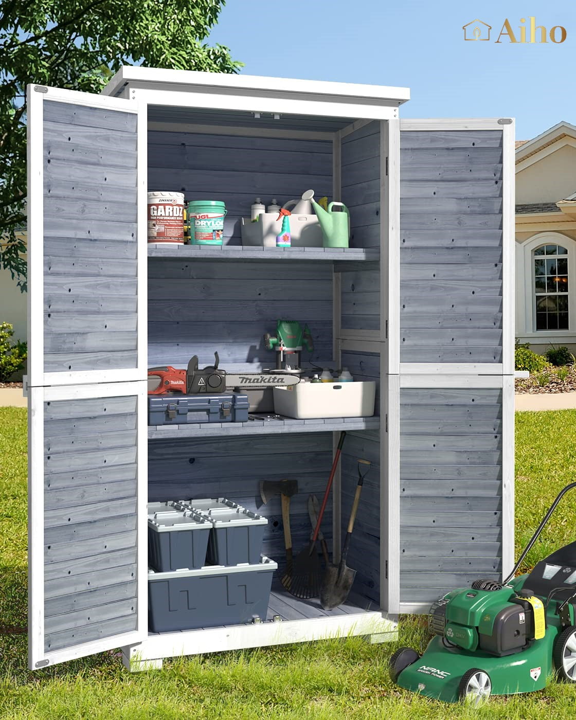 Outdoor Storage Cabinet with Removable Shelves, Aiho Wooden Outdoor Storage for Garden, Lawn, Patio - Gray - image 1 of 11