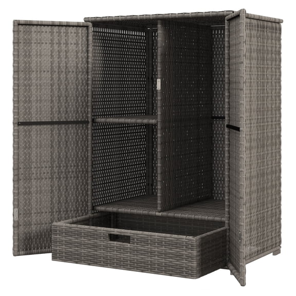 Outdoor Storage Cabinet with Shelves, Rattan Pool Towel Storage, Dark Gray - Waterproof Patio Deck Storage with Drawer & Adjustable Shelf
