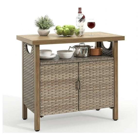 Outdoor Storage Cabinet with Two Doors and Shelves, Weatherproof Wicker Patio Bar Table for Garden Tools, Pool Accessories, and Cushions - Brown