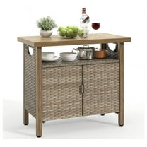 Outdoor Storage Cabinet with Two Doors and Shelves, Weatherproof Wicker Patio Bar Table for Garden Tools, Pool Accessories, and Cushions - Brown