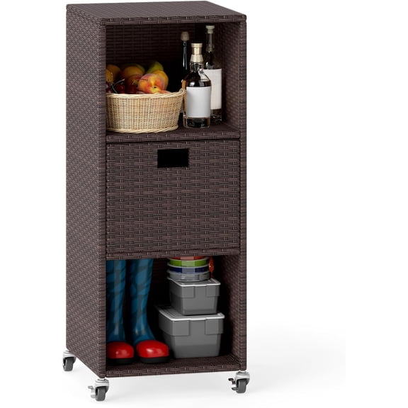 Outdoor Storage Cabinet with Wheels, PE Rattan Wicker Storage Organizer with Shelves Drawer, for Patio Porch, Garden, Backyard and Poolside