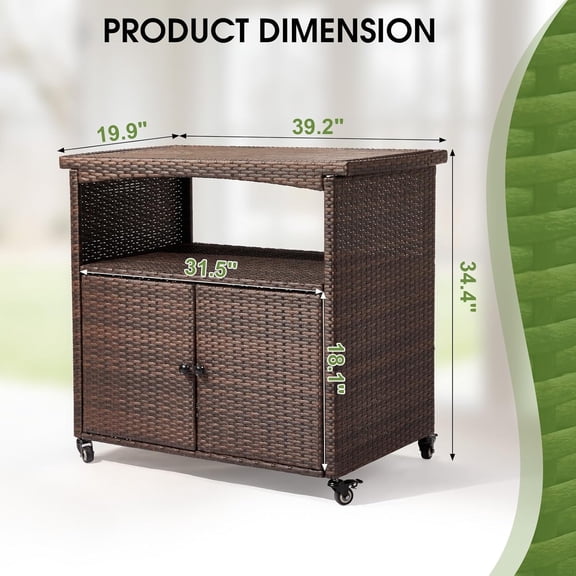 Outdoor Storage Cabinet with Wheels, Waterproof Woven Rattan Double Magnetic Doors Mobile Multi-Purpose Bar Table Potting Bench Wood Top