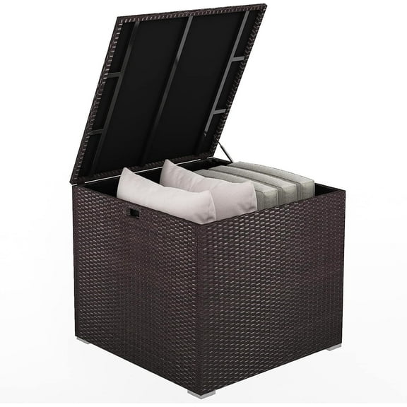 Outdoor Storage Deck Box, 72 Gallon Square Wicker Patio Rattan Storage Container with Zippered Liner & Safe Pneumatic Rod, Outdoor Wicker Deck Box for Garden Tools Cushions