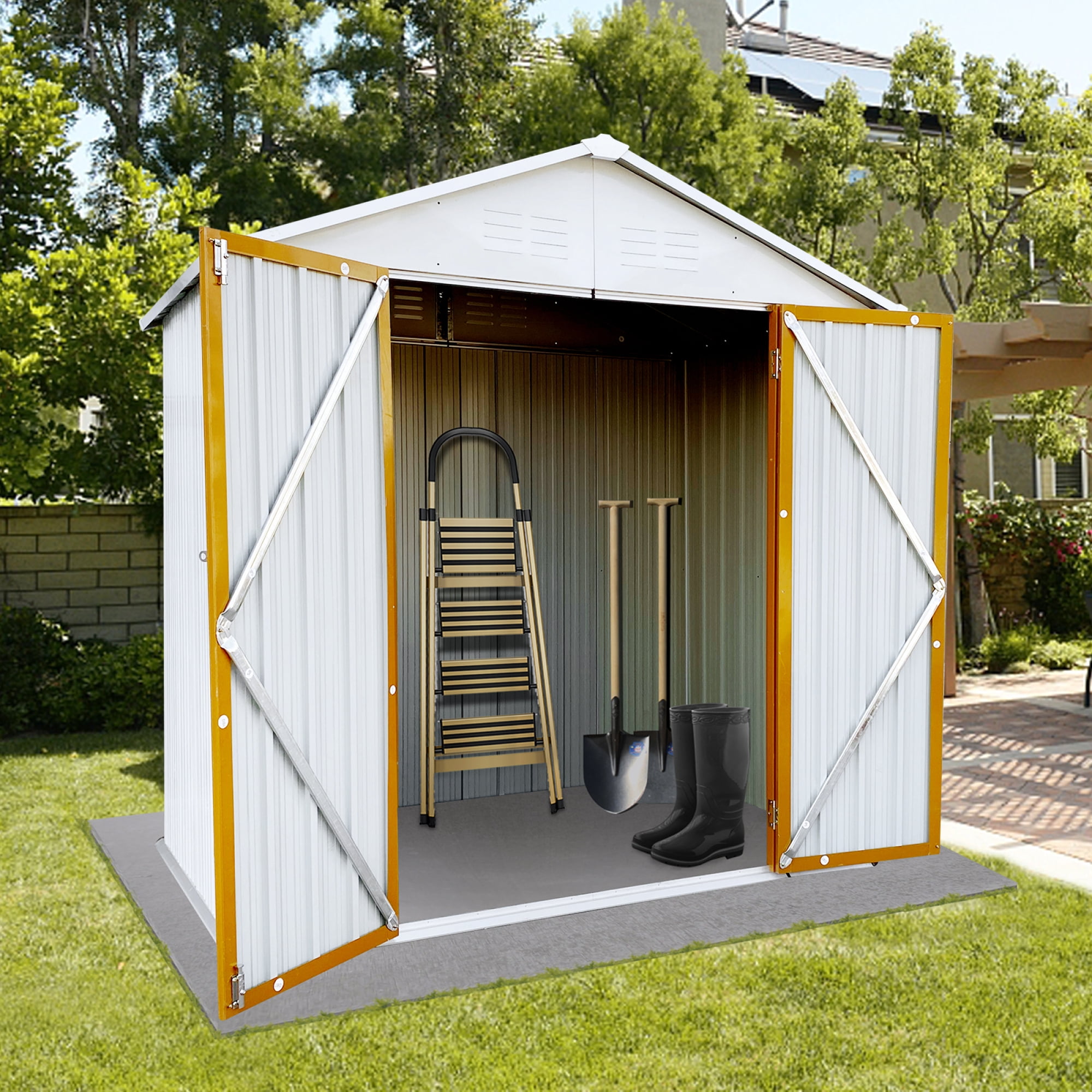 Outdoor Storage Garden Sheds 6FTx4FT Apex Roof Lockable Doors for Backyard White+Yellow