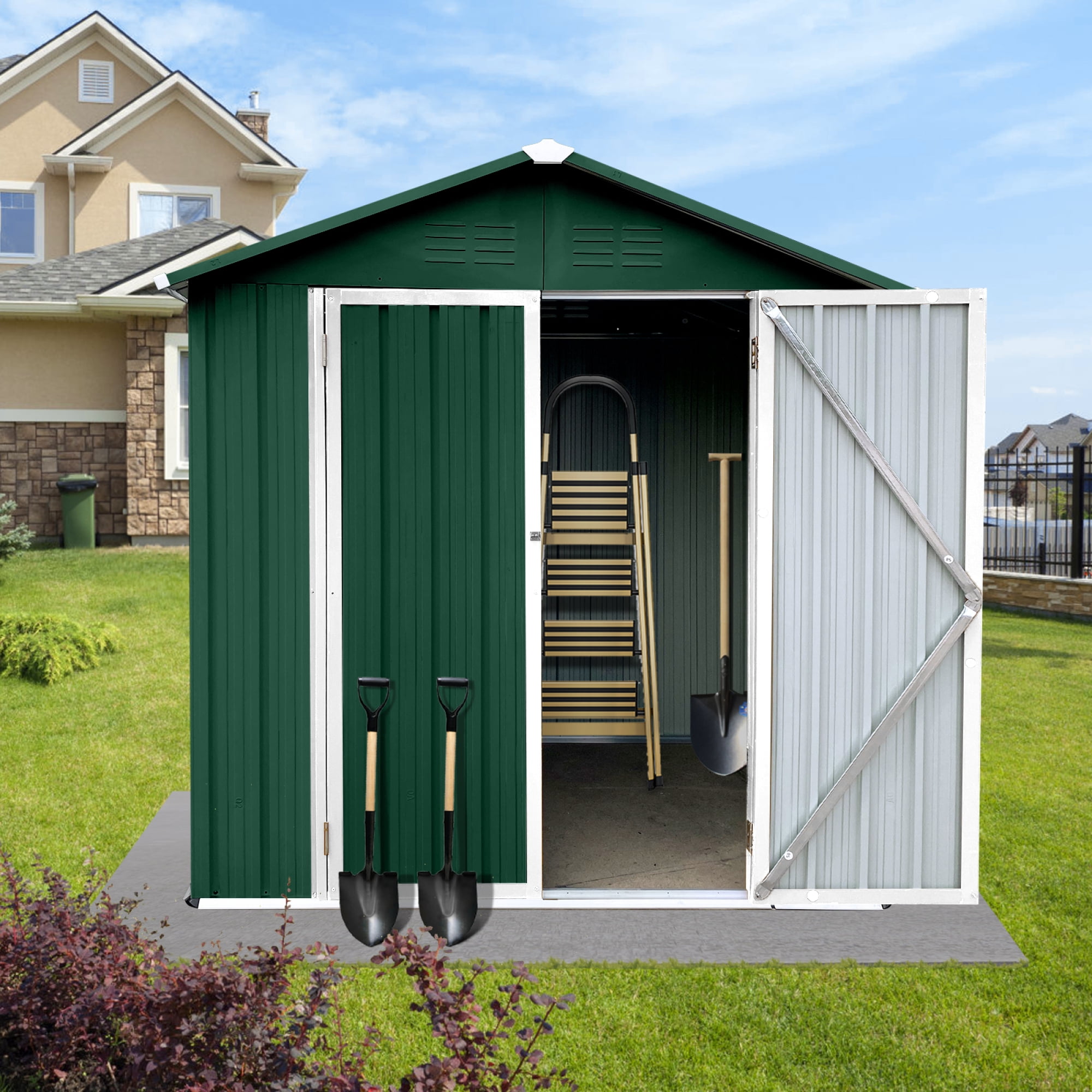 Outdoor Storage Garden Sheds 6FTx4FT Apex Roof Lockable Doors for Backyard White+Yellow