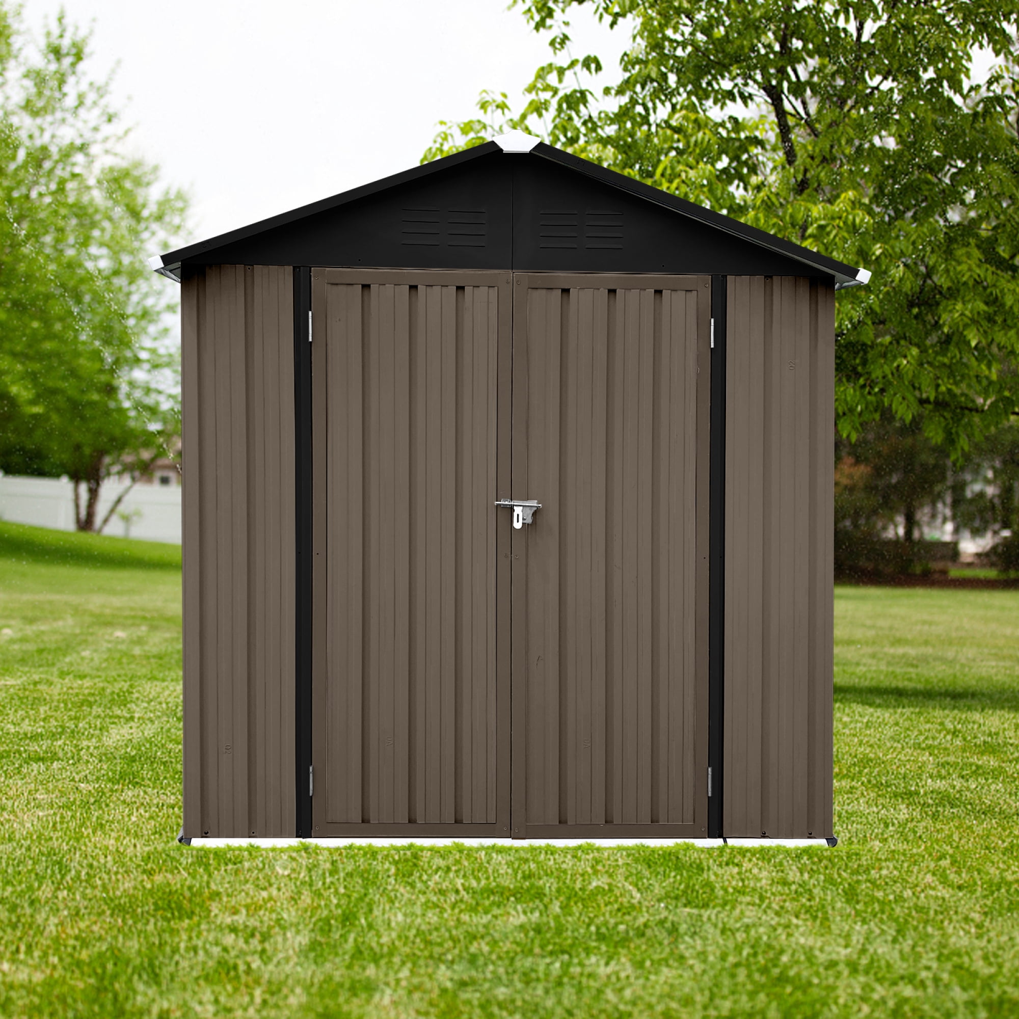 Outdoor Storage Garden Sheds 6FTx4FT Apex Roof Lockable Doors for Backyard White+Yellow