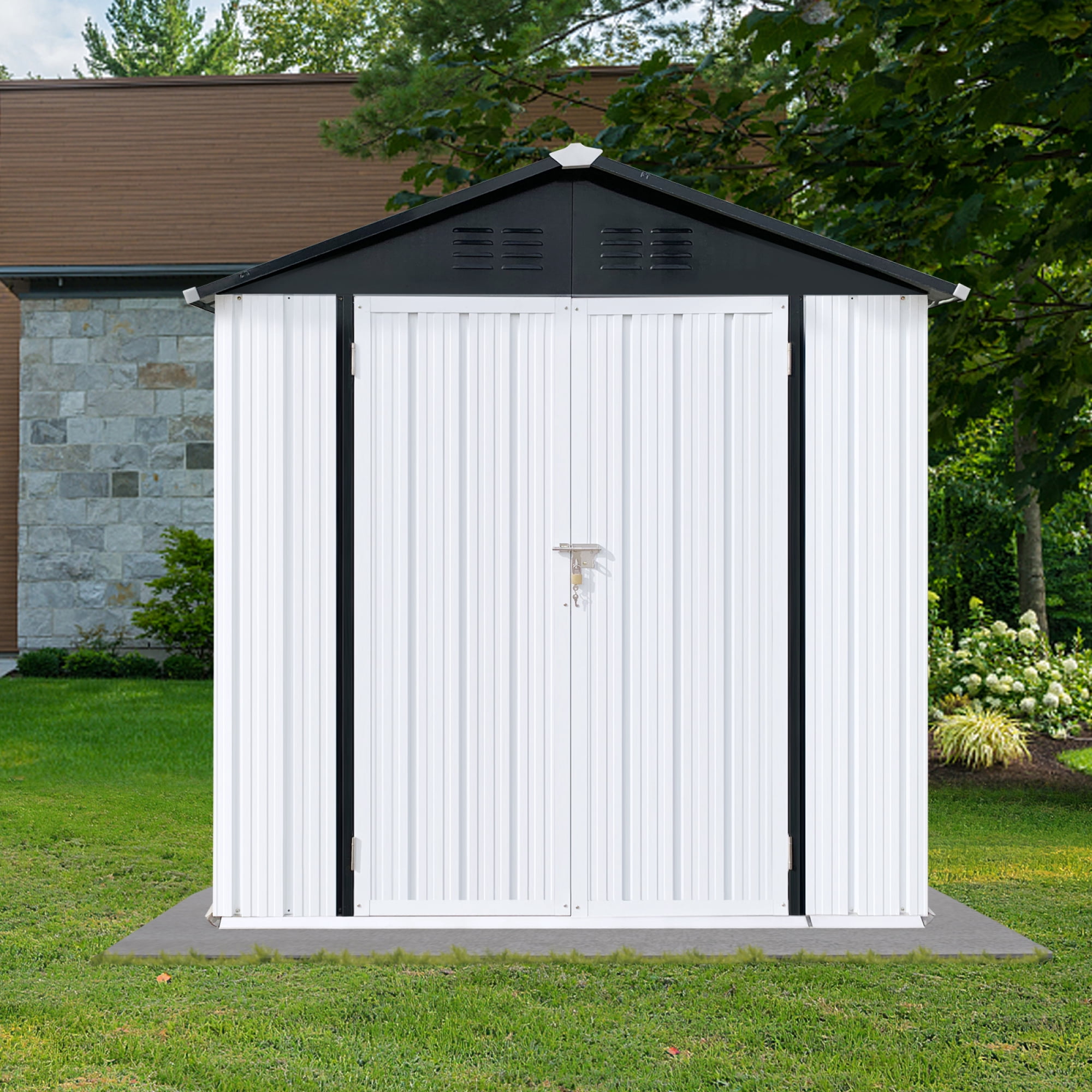 Outdoor Storage Garden Sheds 6FTx4FT Apex Roof Lockable Doors for Backyard White+Yellow