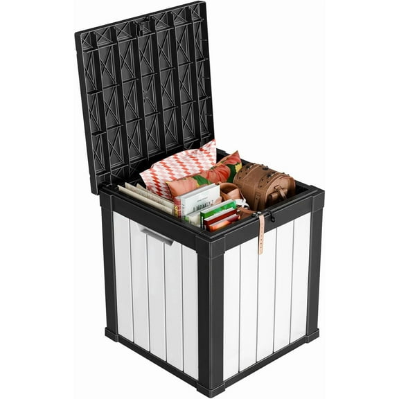 Outdoor Storage Housing Deck Box - Waterproof Patio Furniture, Garden Tools, Cushions, Pool Accessories Storage Bench with Lockable Lid and Side Handles (Black & White, 50 Gal)