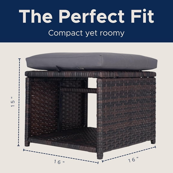 Outdoor Storage Ottoman Set of 2 All-Weather Wicker  Footstool with Washable Cushions Sturdy Rattan Hidden Box for Deck Porch Backyard Balcony