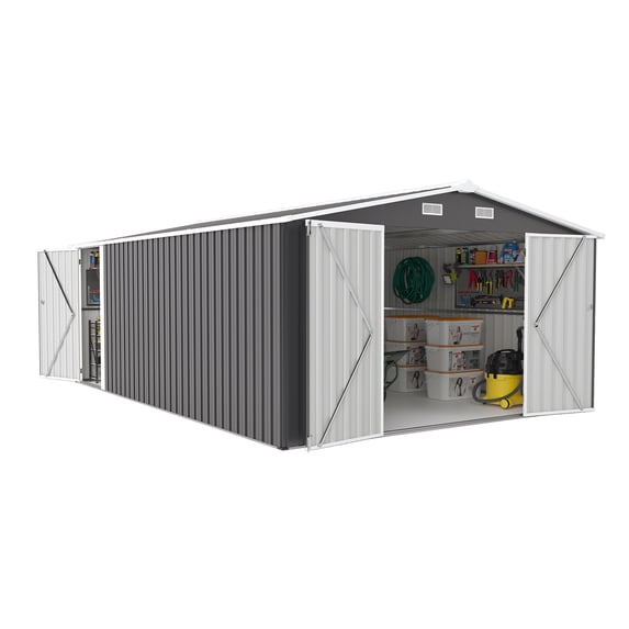 Outdoor Storage Shed 10×14 FT with 3 Lockable Doors,Utility Tool Shed Metal Storage Garden Sheds Frame and 4 Vents,for Backyard,Patio,Lawn,dark Grey