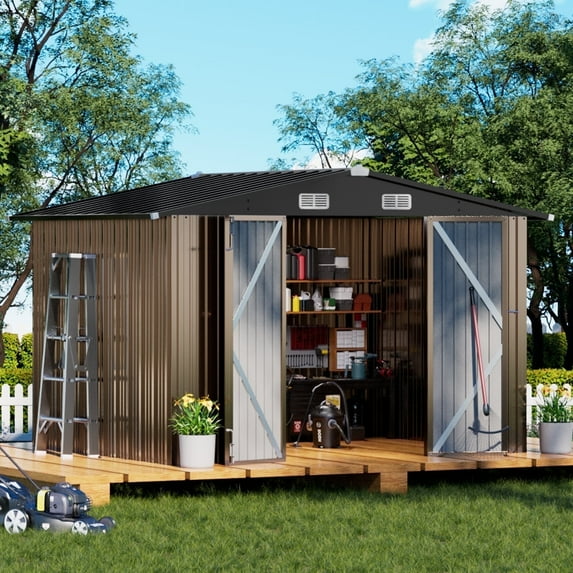 COMHOMA Outdoor Storage Shed 10 x 8 FT Shed with Lockable Door Steel Garden Shed with Air Vent,Brown