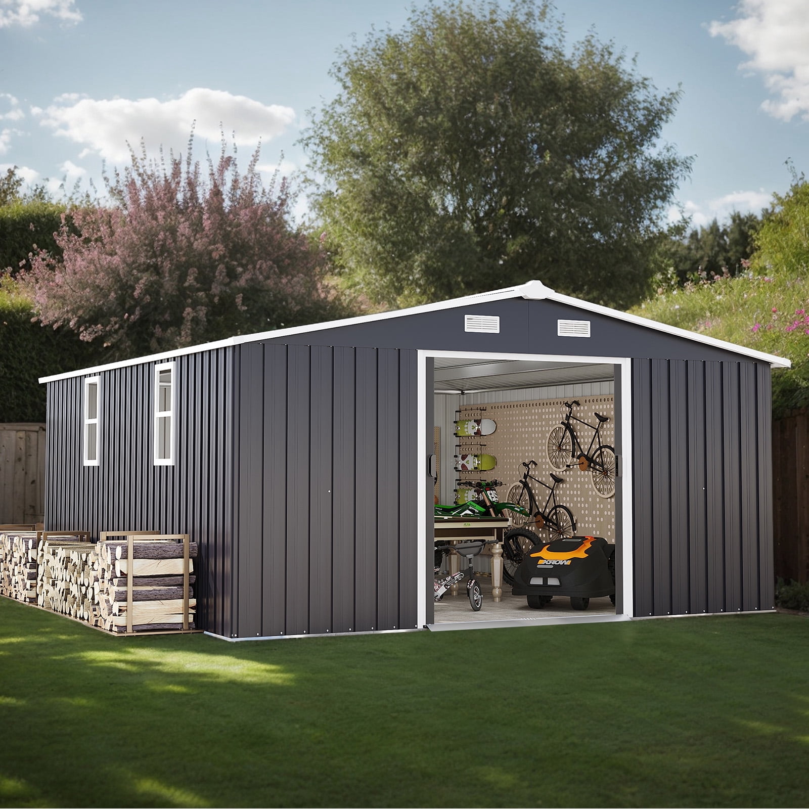 Outdoor Storage Shed, 12x10 FT Large Backyard Sheds, Utility Metal Tool Storage with Updated Frame Structure, Outdoor Storage Building, Garden Shed for Backyard, Lawn, Patio (Dark Gray)