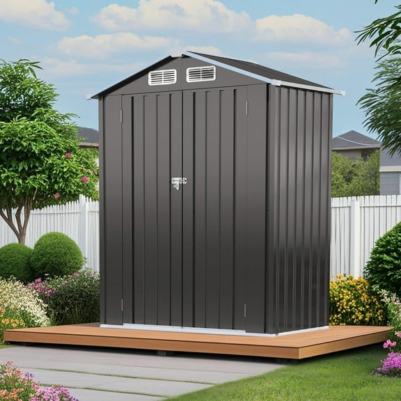 Outdoor Storage Shed 5 x 3 FT Metal Tool Shed with Peaked Roof, Metal Garden Shed Anti-Corrosion Storage House with Clear Window, Lockable Door for Backyard, Patio, Sundries, Gray (Peaked roof)