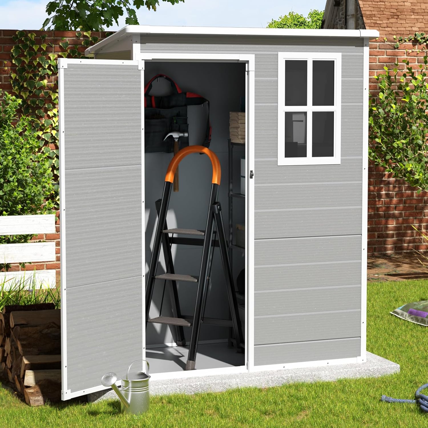 5x3 FT Resin Outdoor Storage Shed With Floor - Lockable, Waterproof Garden Shed For Backyard, Patio, Tools (Grey/White)